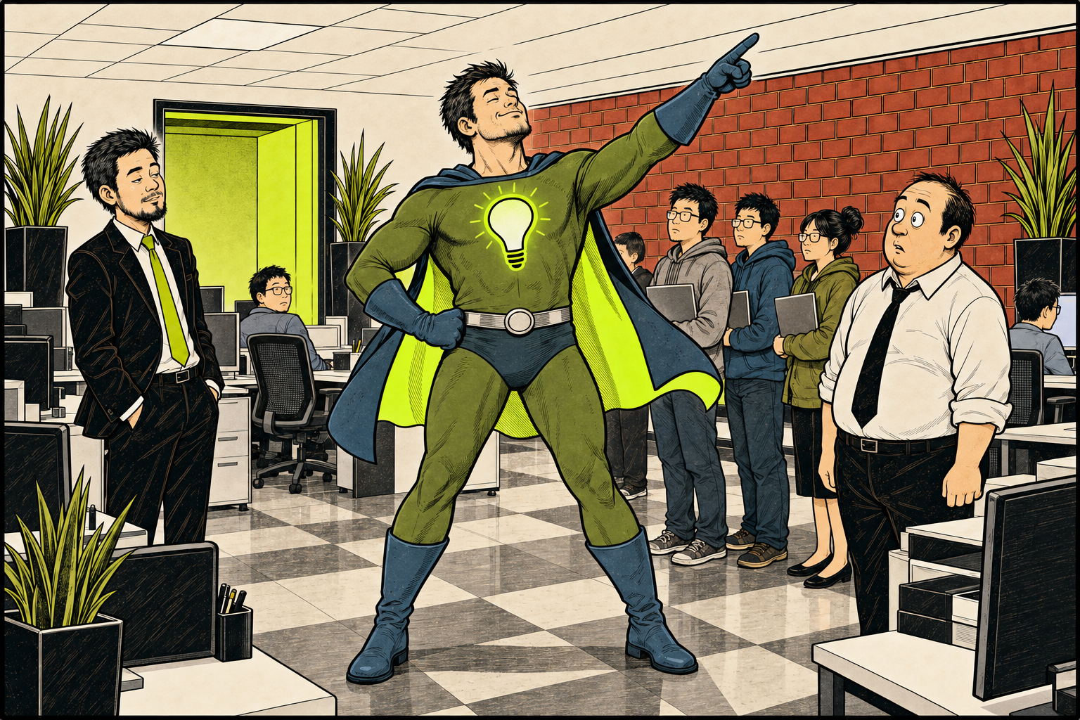 Comic panel: Captain Obvious, a caped superhero with a glowing lightbulb emblem, strikes a grandiose pose in an office while profoundly unimpressed coworkers look on.